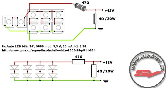 schéma - výkonový odpor 4 Ohm/20W se dává na každou stranu (nikoliv na každý blinkr) při originálním přerušovači